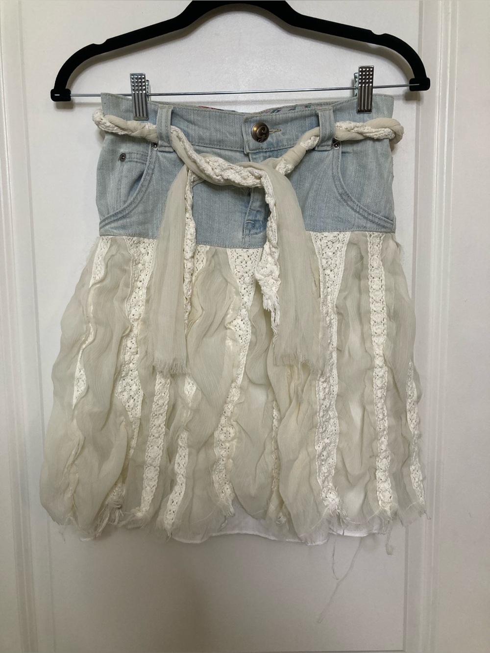 Denim Skirt Layered Lace Chiffon Ruffles Country Cowboy Whimsical Fairy 7/8